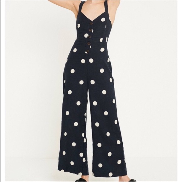 blue and white polka dot jumpsuit